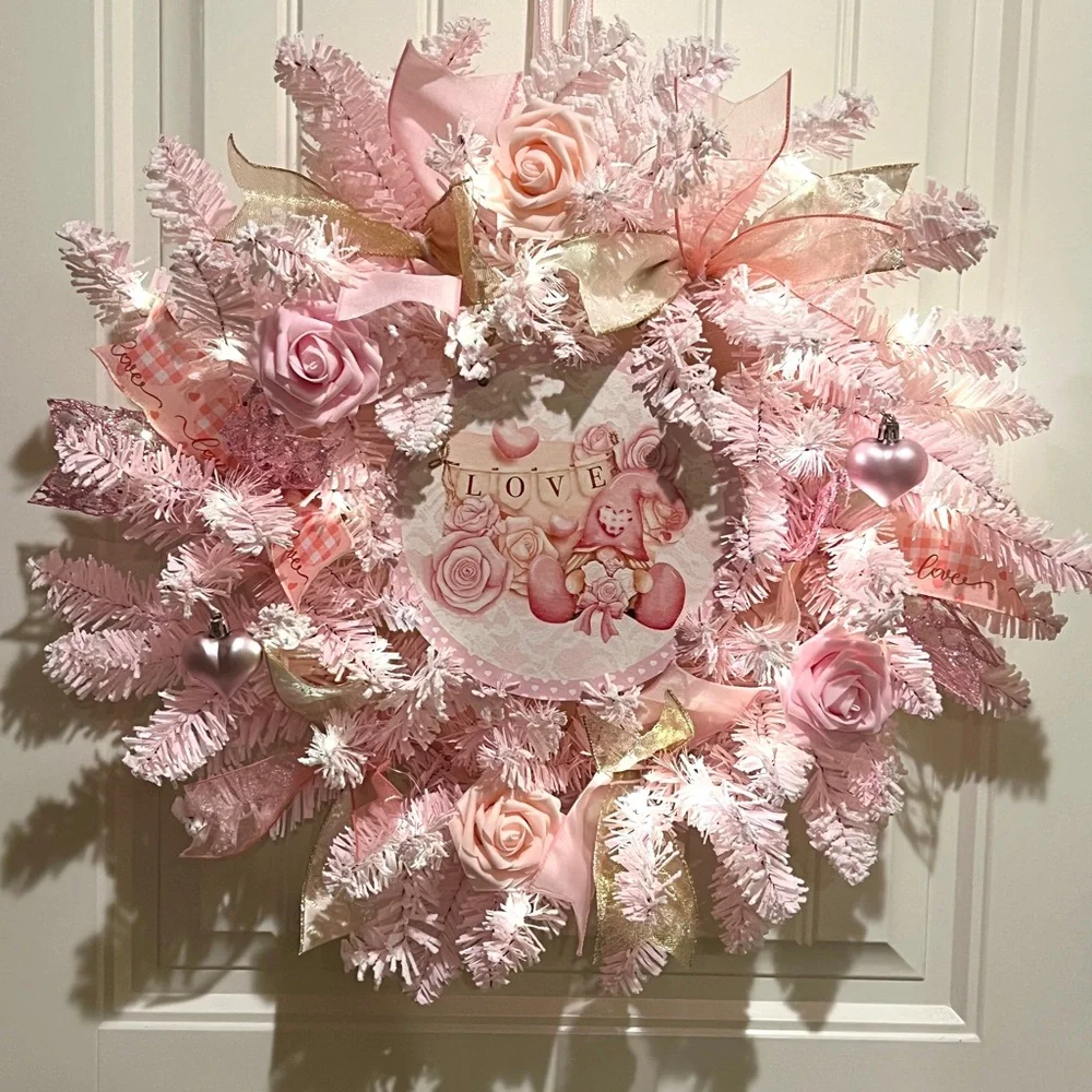 Handmade 22” Valentine’s Day Pink Flocked Garland Gnome LED Wreath W30